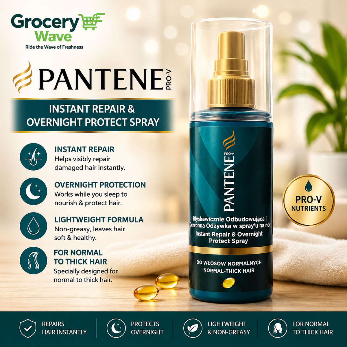 Pantene Pro-V Instant Repair & Overnight Protect Spray for Normal to Thick Hair 150ml