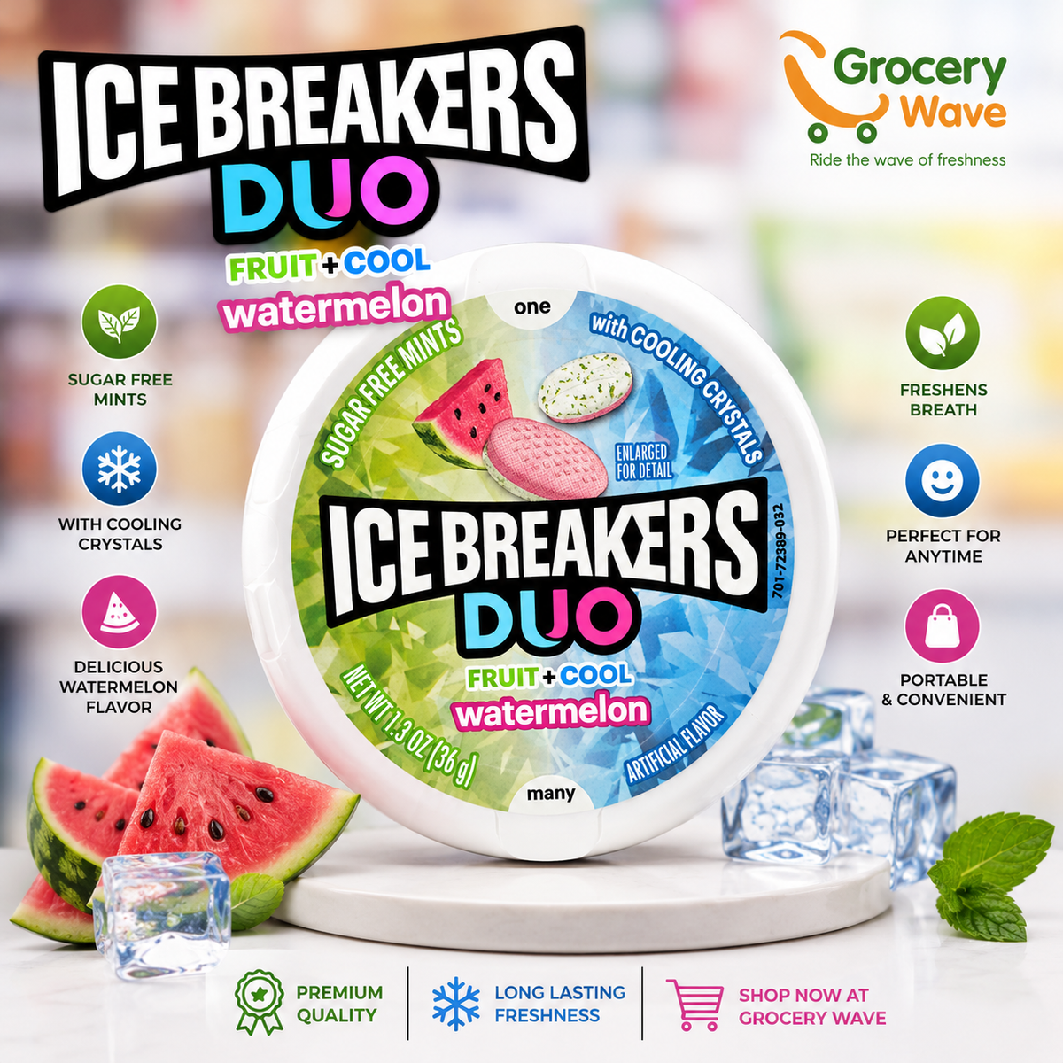 Ice Breakers Duo Fruit + Cool Watermelon Sugar Free Mints 36g