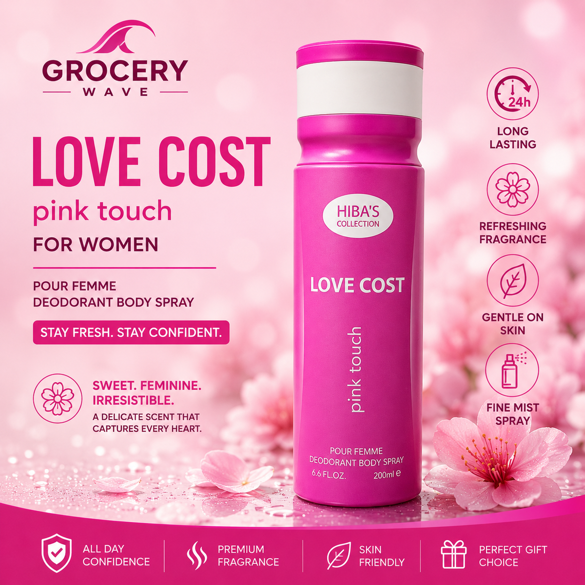 HIBA'S COLLECTION LOVE COST PINK TOUCH FOR WOMEN BODY SPRAY 200ML
