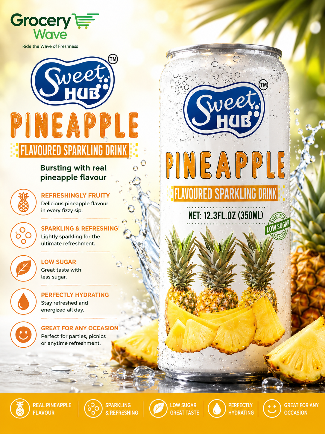 SWEET HUB PINEAPPLE FLAVOURED SPARKLING WATER 350ML