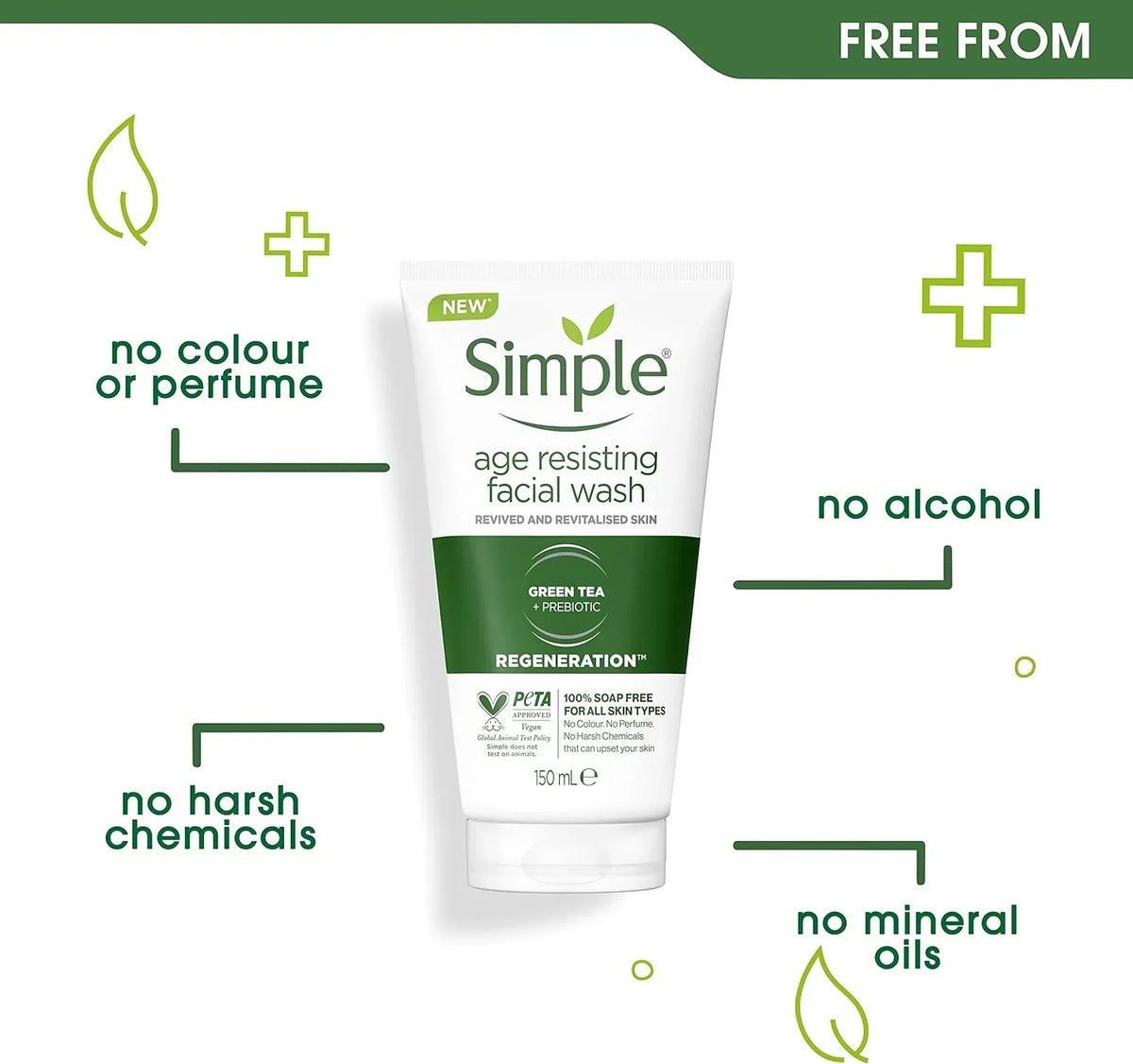 Simple – Age Resisting Face Wash – Green Tea & Pre-Biotic Cleanser – 150ml