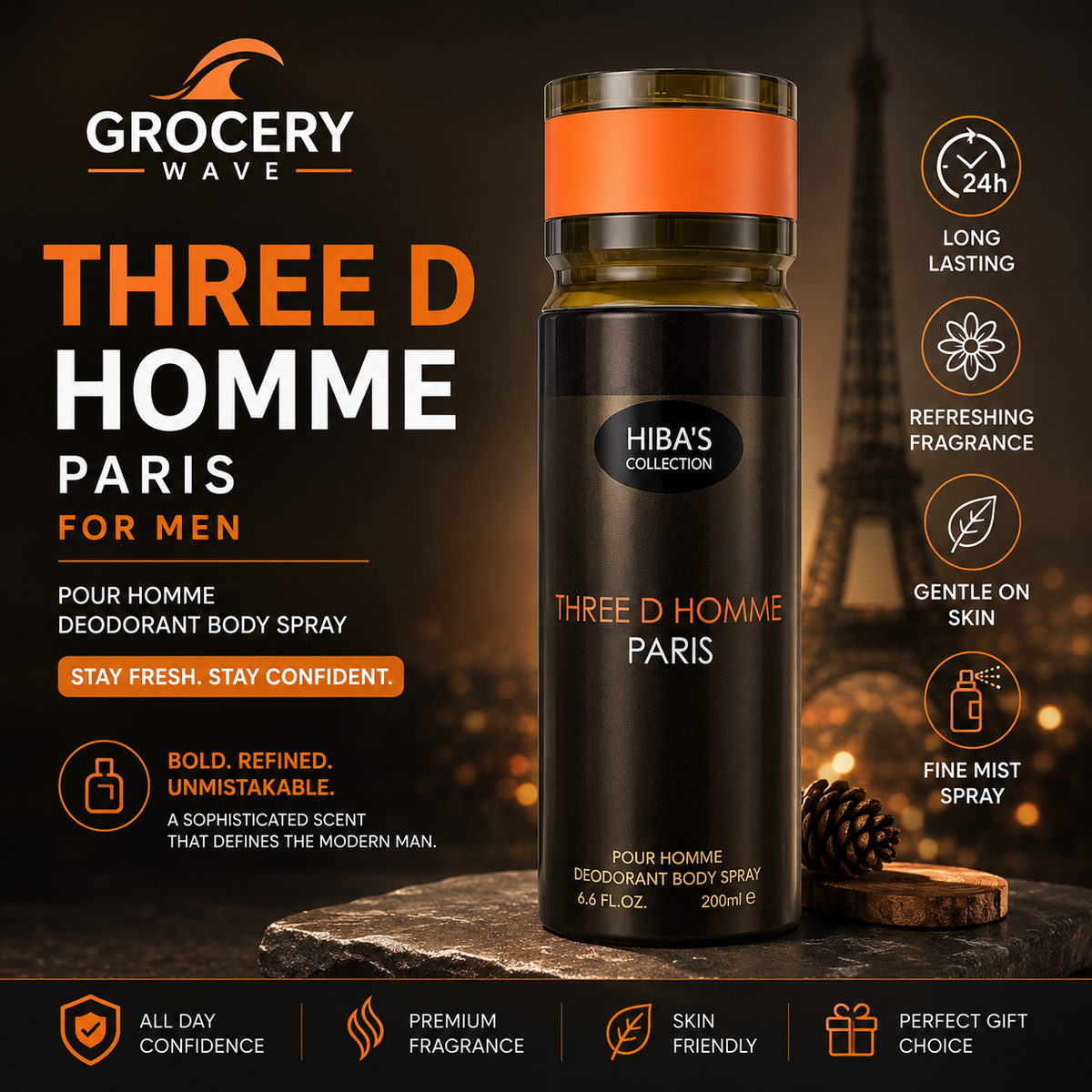 HIBA'S COLLECTION THREE D HOMME PARIS FOR MEN BODY SPRAY 200ML