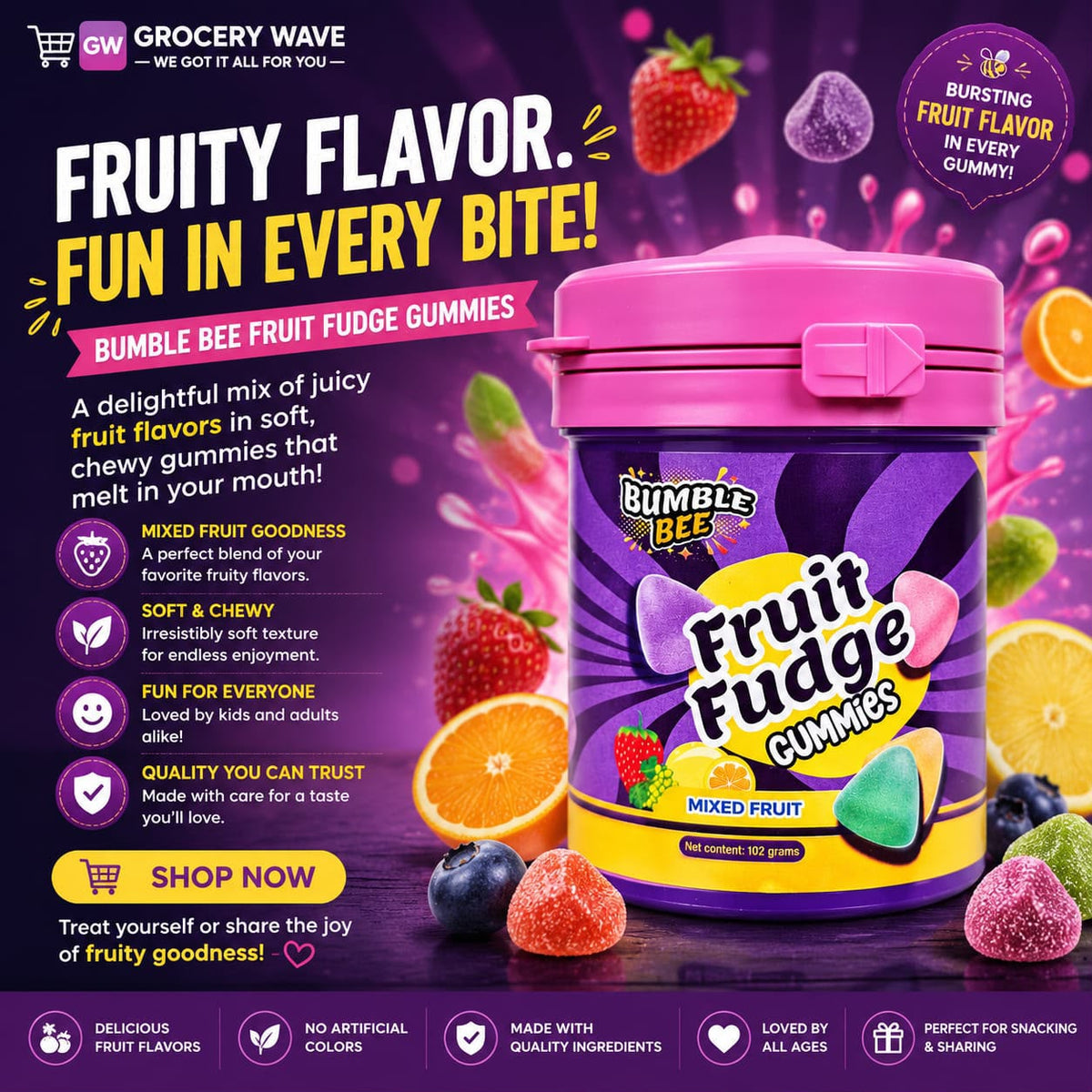 BUMBLE BEE FRUIT FUDGE MIXED FRUIT GUM 102G