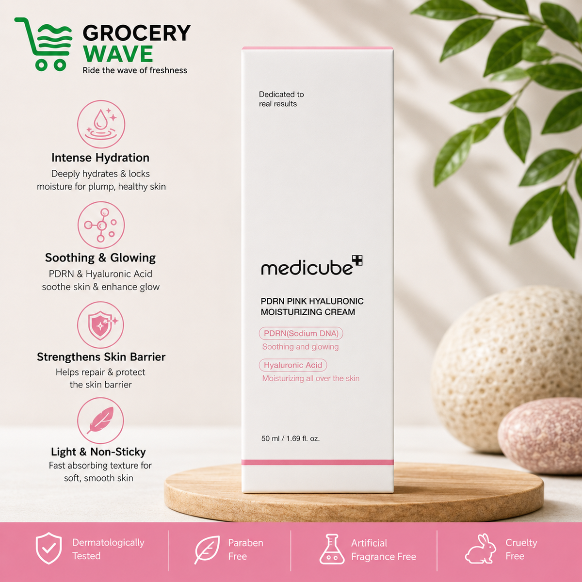 Medicube PDRN Pink Hyaluronic Moisturizing Cream, Hyaluronic Acid, Glycerin & Niacinamide, For Dull & Combination Skin, 50ml