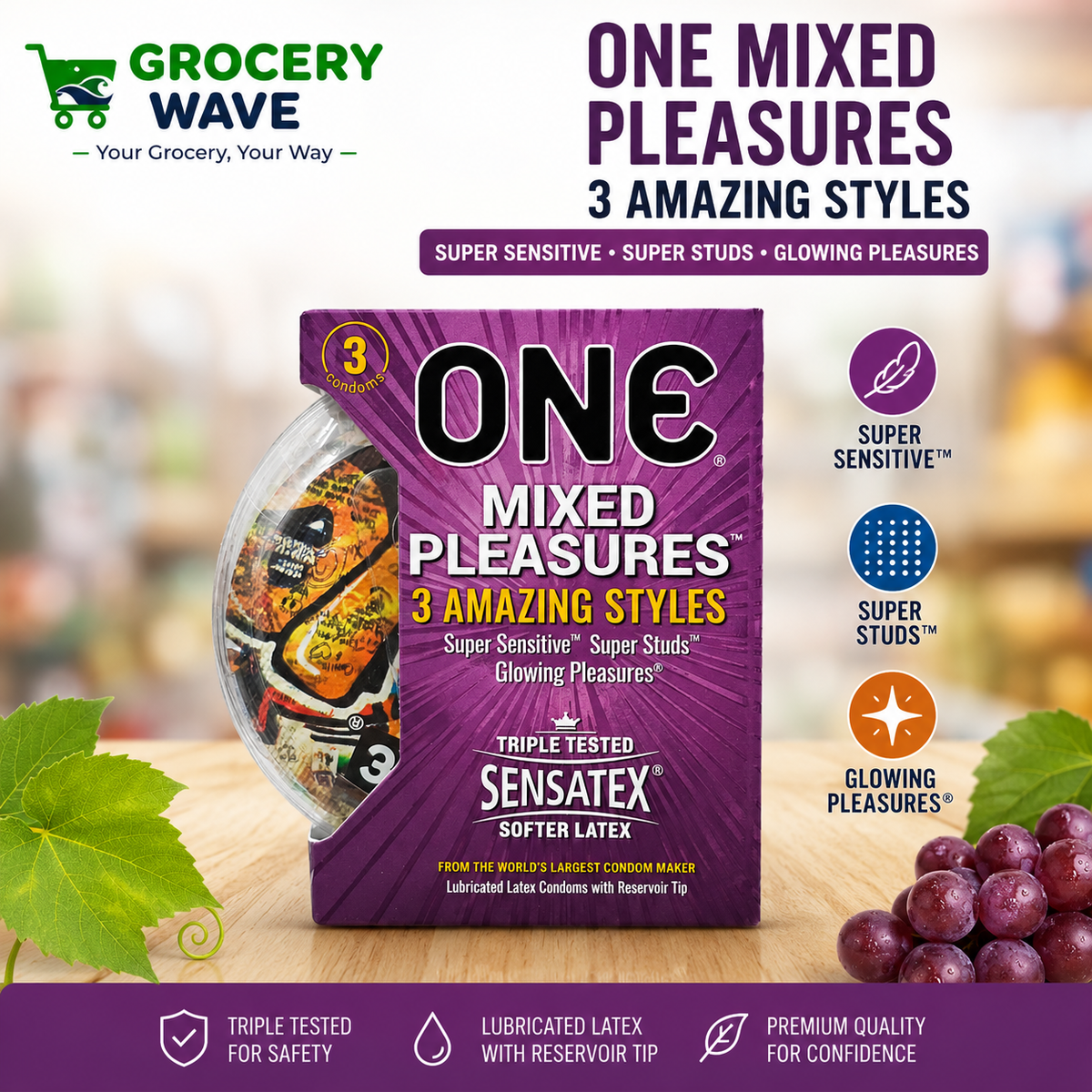 ONE MIXED PLEASURE CONDOMS 3 PCS