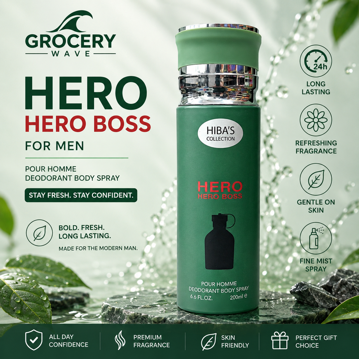 HIBA'S COLLECTION HERO BOSS FOR MEN BOLD FRESH BODY SPRAY 200ML
