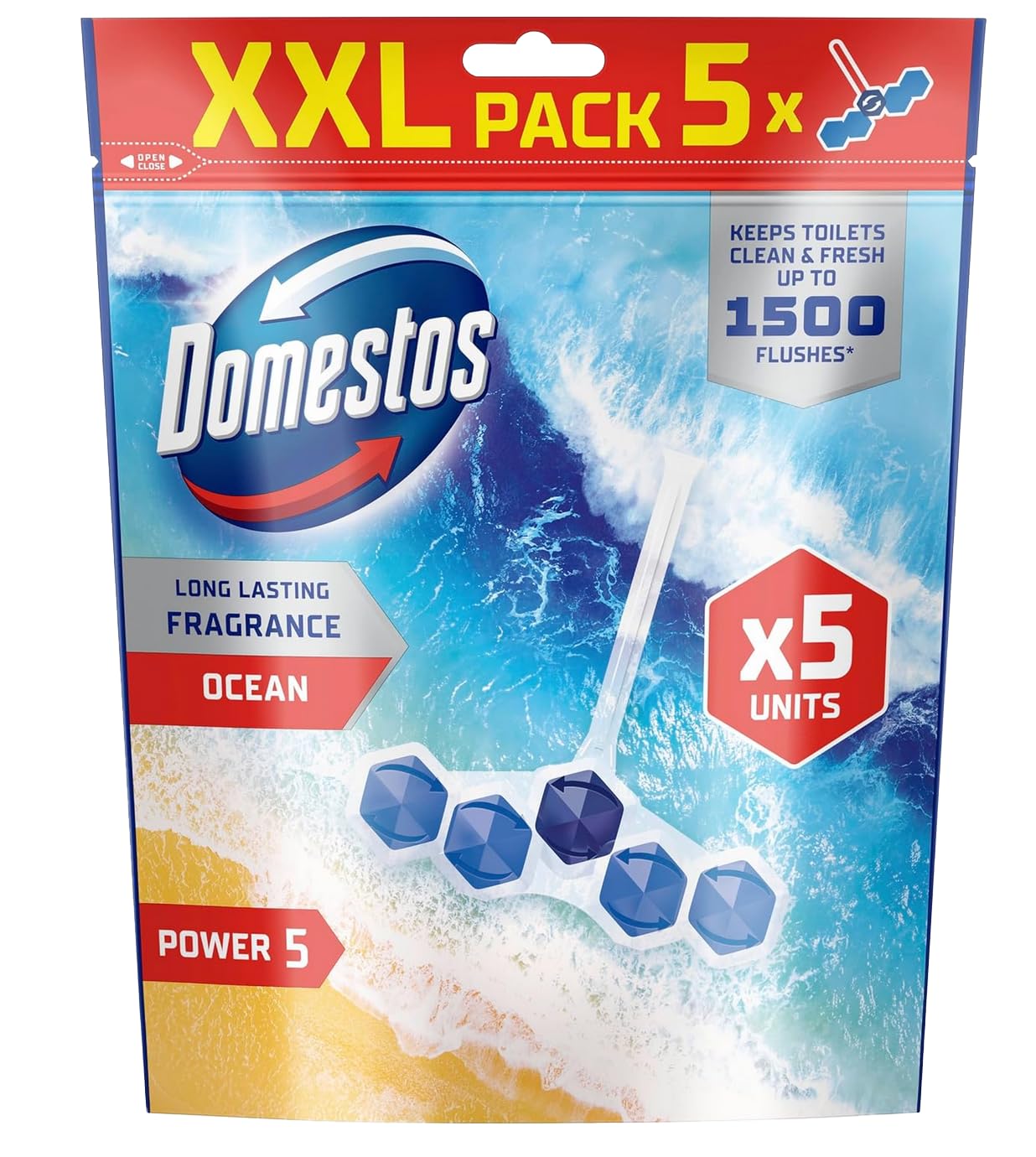 Domestos Power 5 Ocean Toilet Rim Blocks Toilet Freshener with a Long-Lasting Fragrance, Clean and Freshen for up to 300 Flushes, 5 x 50 g