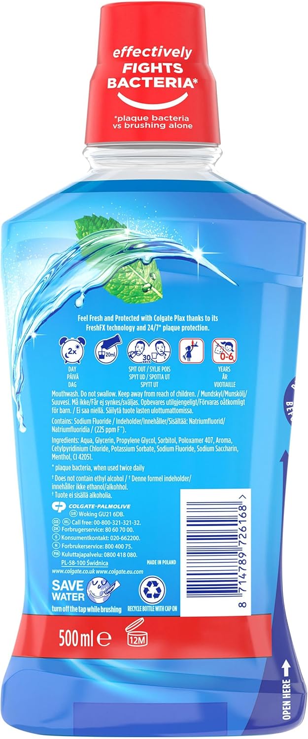 Colgate Plax Cool Mint Mouthwash 500ml - Fresh Breath mouthwash - Instant Long-Lasting Freshness - no Burn Experience - 24/7 Plaque Protection When Used Twice Daily - clinically Tested by Dentists