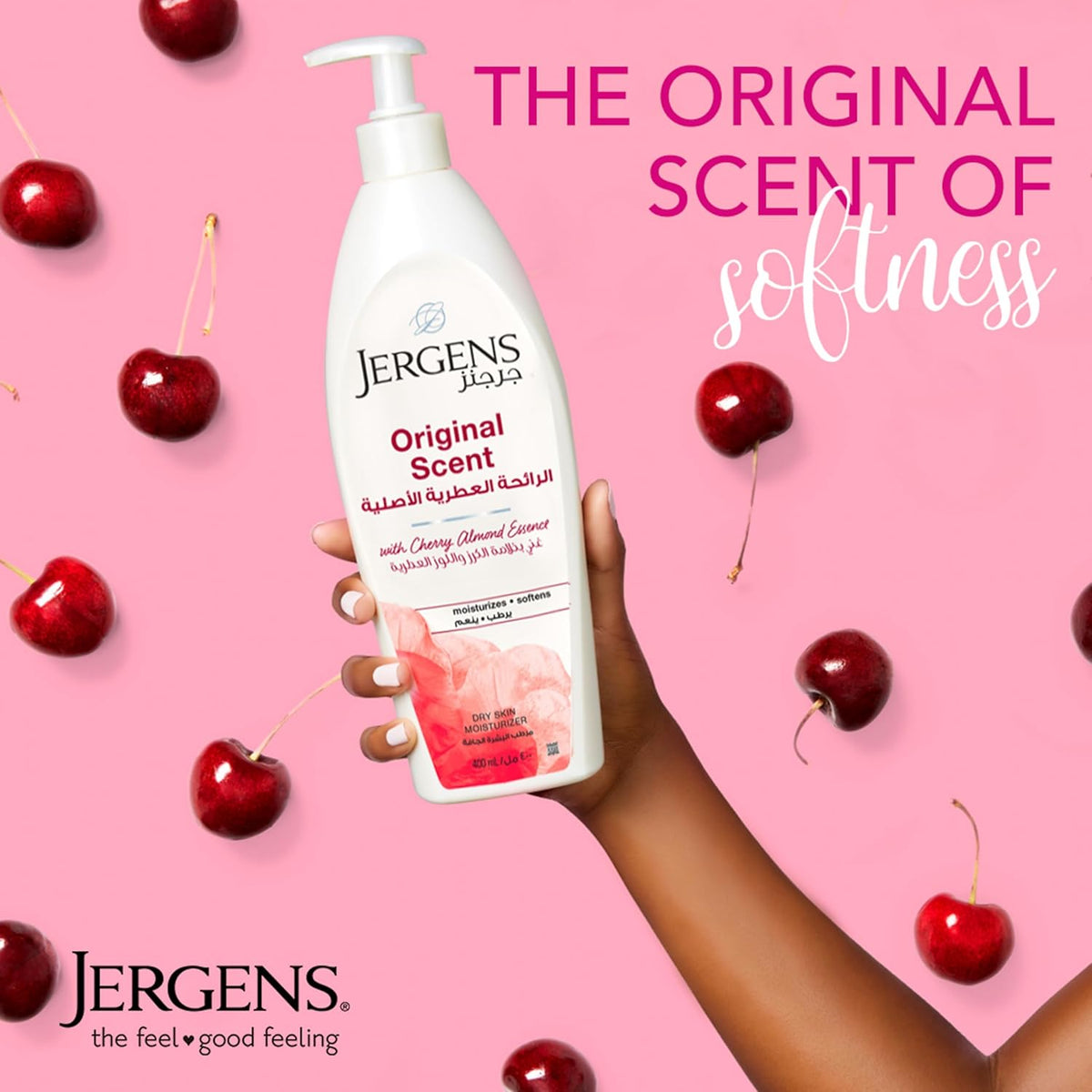 Jergens Original Scent Body Lotion - 400 ml, Cherry Almond Fragrance, Long-Lasting Hydration, Non-Greasy Deep Moisturizer for Normal to Dry Skin, 400 ml