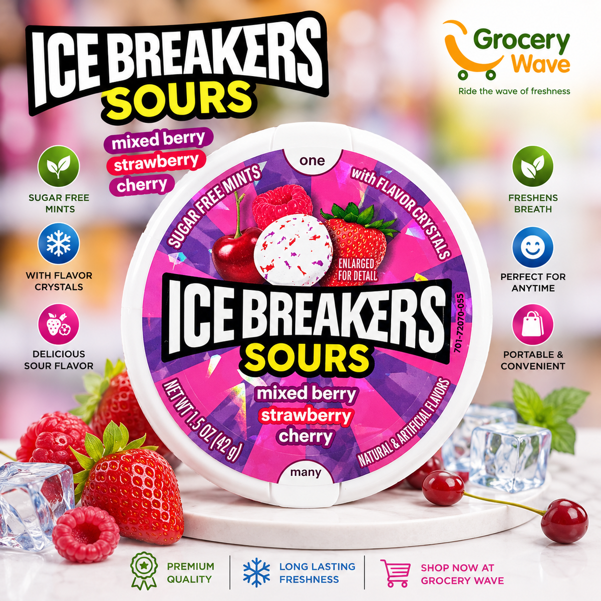 Ice Breakers Sours Mixed Berry/Strawberry/Cherry Sugar Free 42g