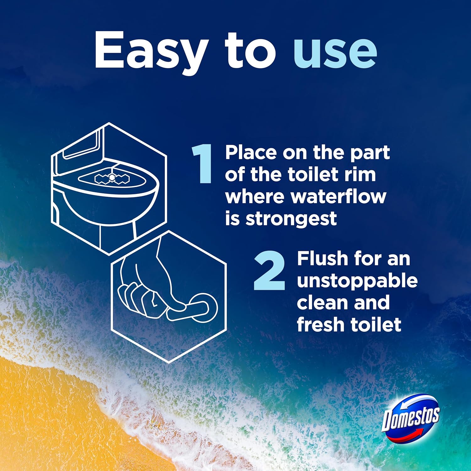 Domestos Power 5 Ocean Toilet Rim Blocks Toilet Freshener with a Long-Lasting Fragrance, Clean and Freshen for up to 300 Flushes, 5 x 50 g