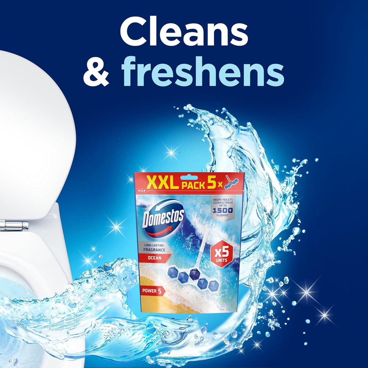 Domestos Power 5 Ocean Toilet Rim Blocks Toilet Freshener with a Long-Lasting Fragrance, Clean and Freshen for up to 300 Flushes, 5 x 50 g