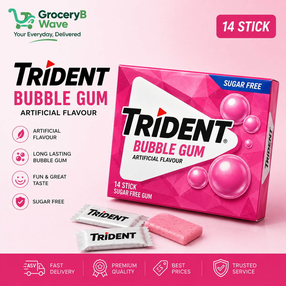 Trident Bubble Gum Sugar Free Gum 14 Sticks