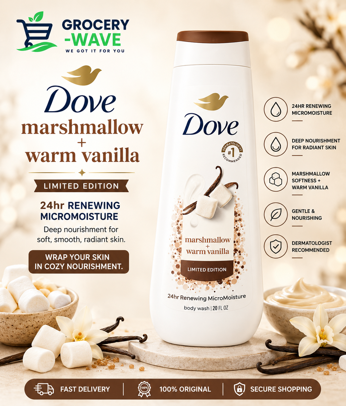 Dove Marshmallow + Warm Vanilla Body Wash 20FLOZ
