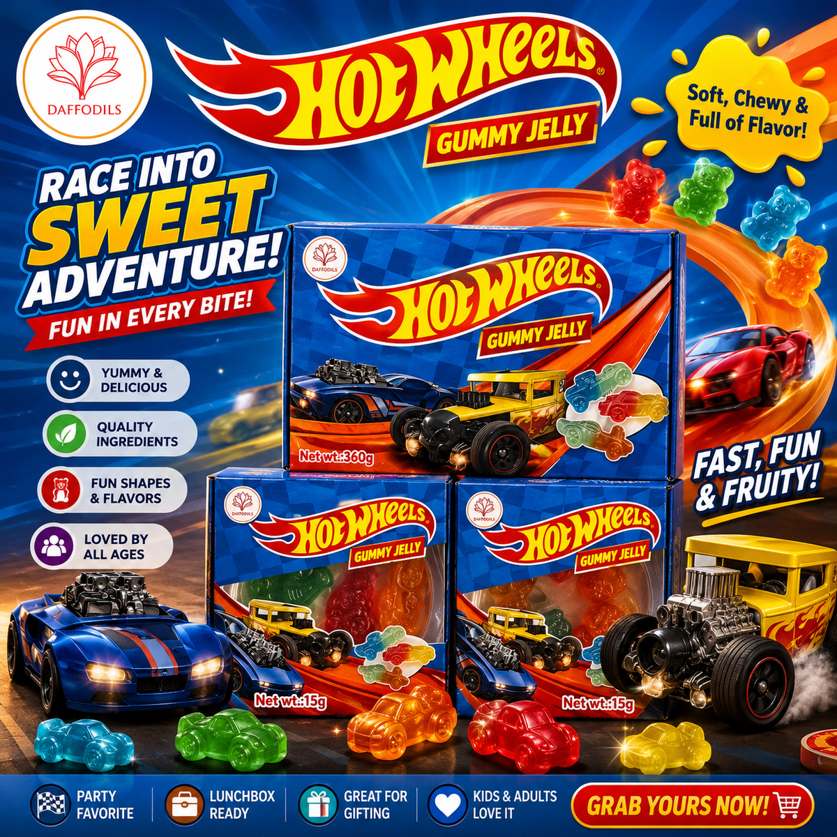 Daffodils Hot Wheels Gummy Jelly Box of 24pc’s