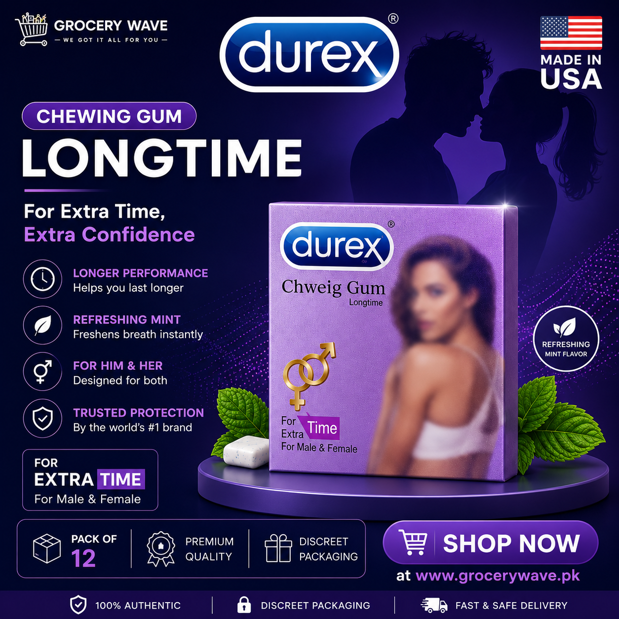 Durex Chewing Gum Longtime & Extra Time – Pack of 12 | Made in USA