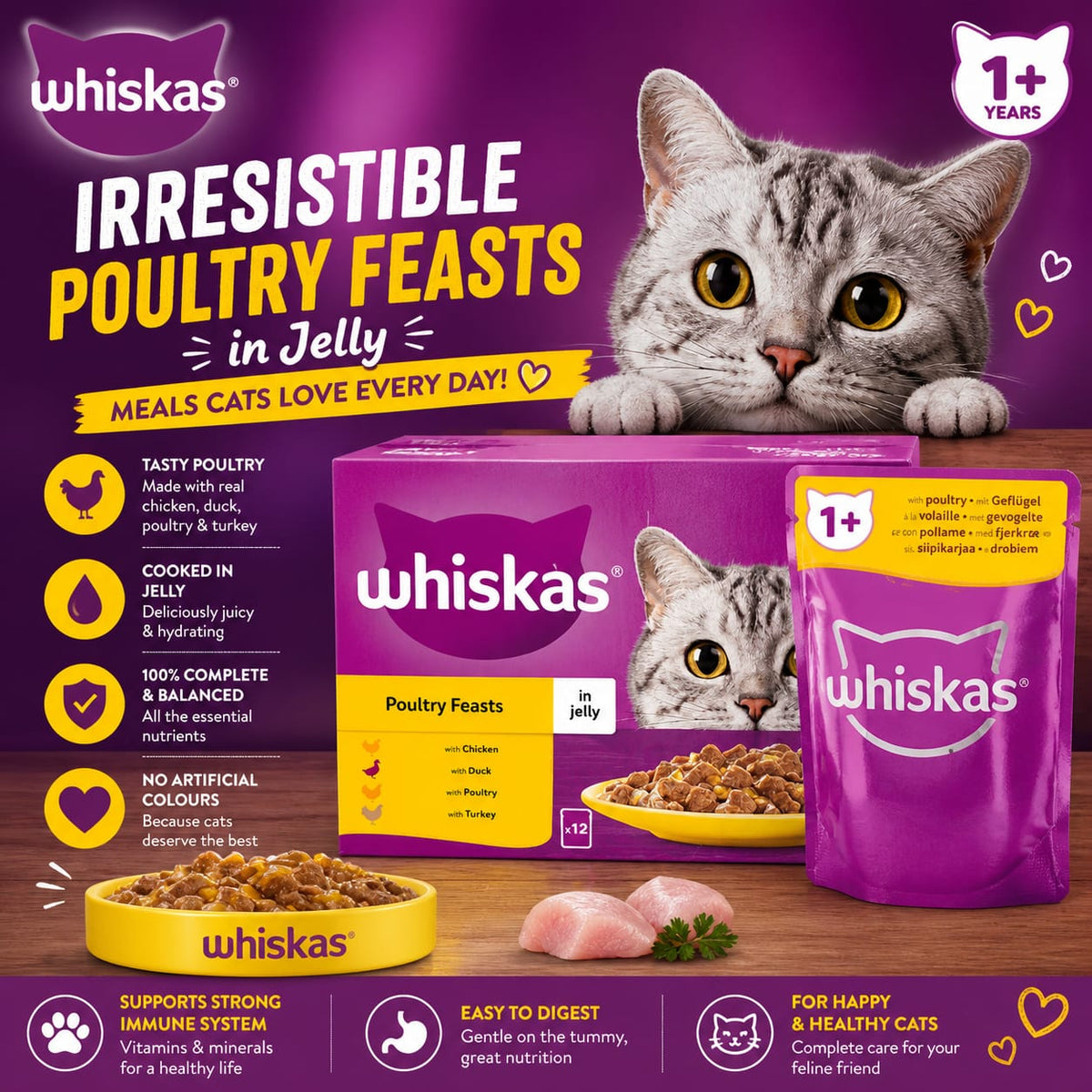 Whiskas Poultry Feasts In Jelly 1+ Adult Wet Cat Food Pouches 12X85G