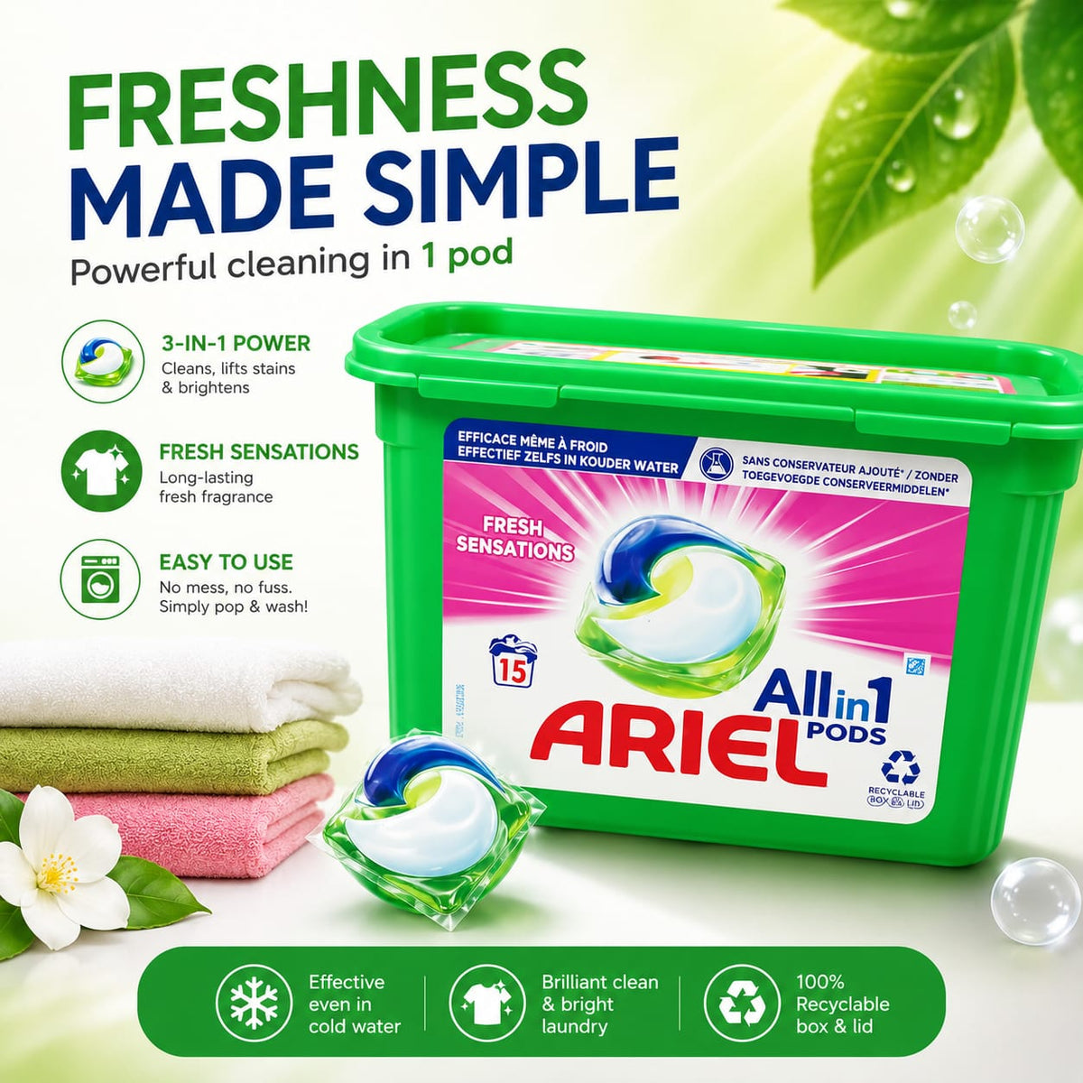 ARIEL WASHING PODS COOL CLEAN 15 WASH ALL IN 1 378 GM