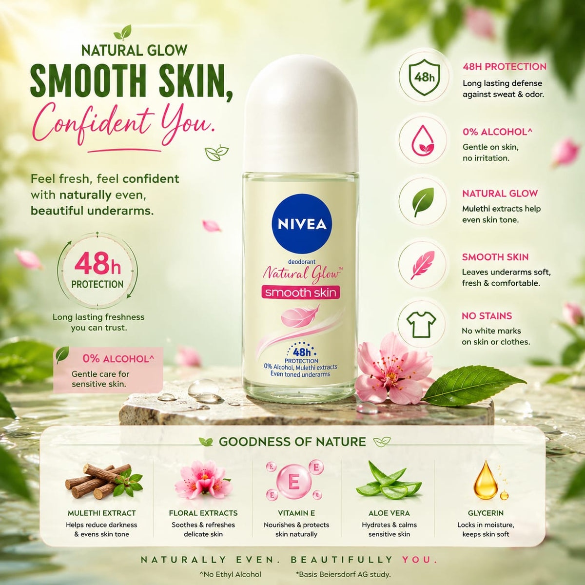 NIVEA Natural Glow Smooth Skin Roll -On - 0% Alcohol 48h protection 50 ml