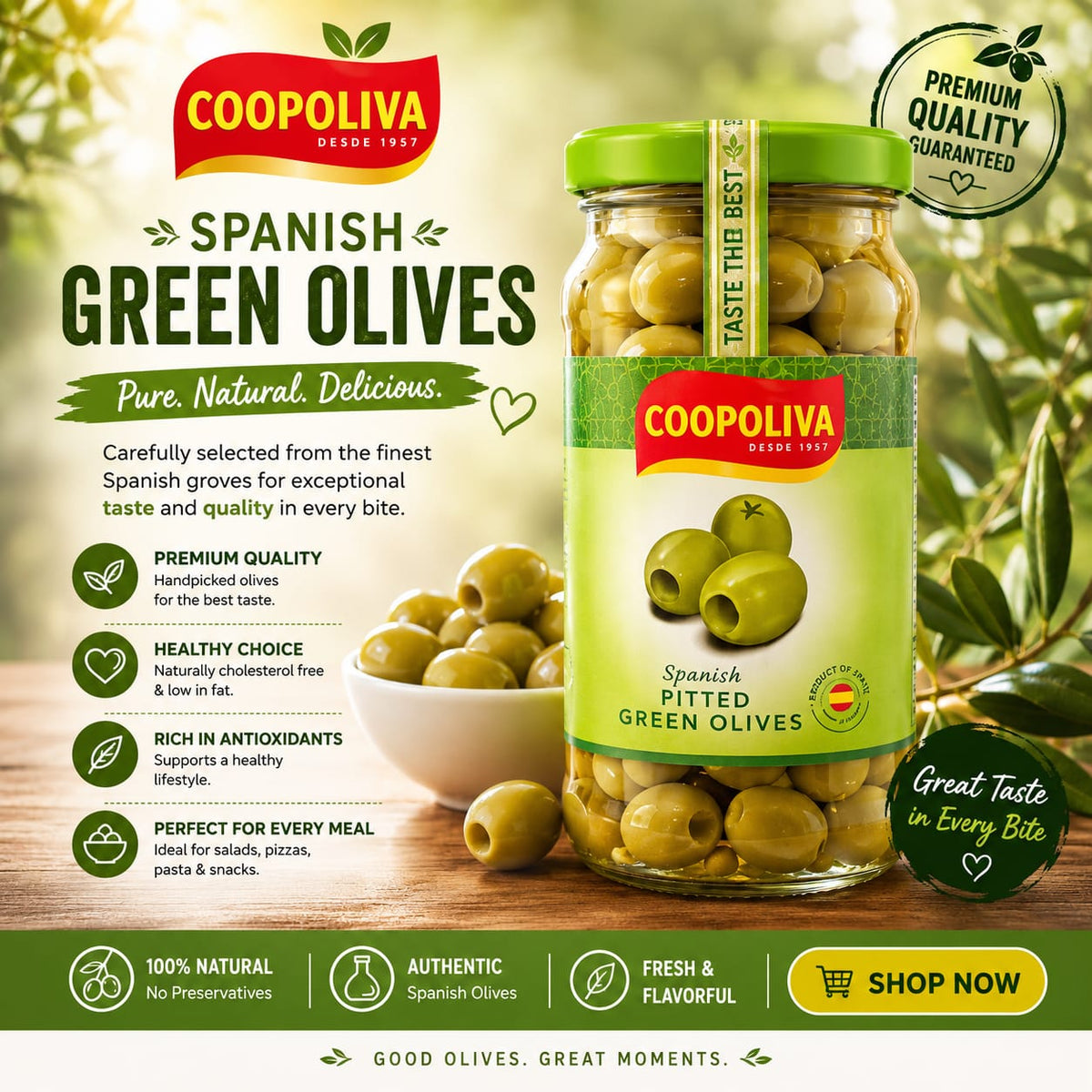 COOPALIVA PITTED GREEN OLIVES 235G