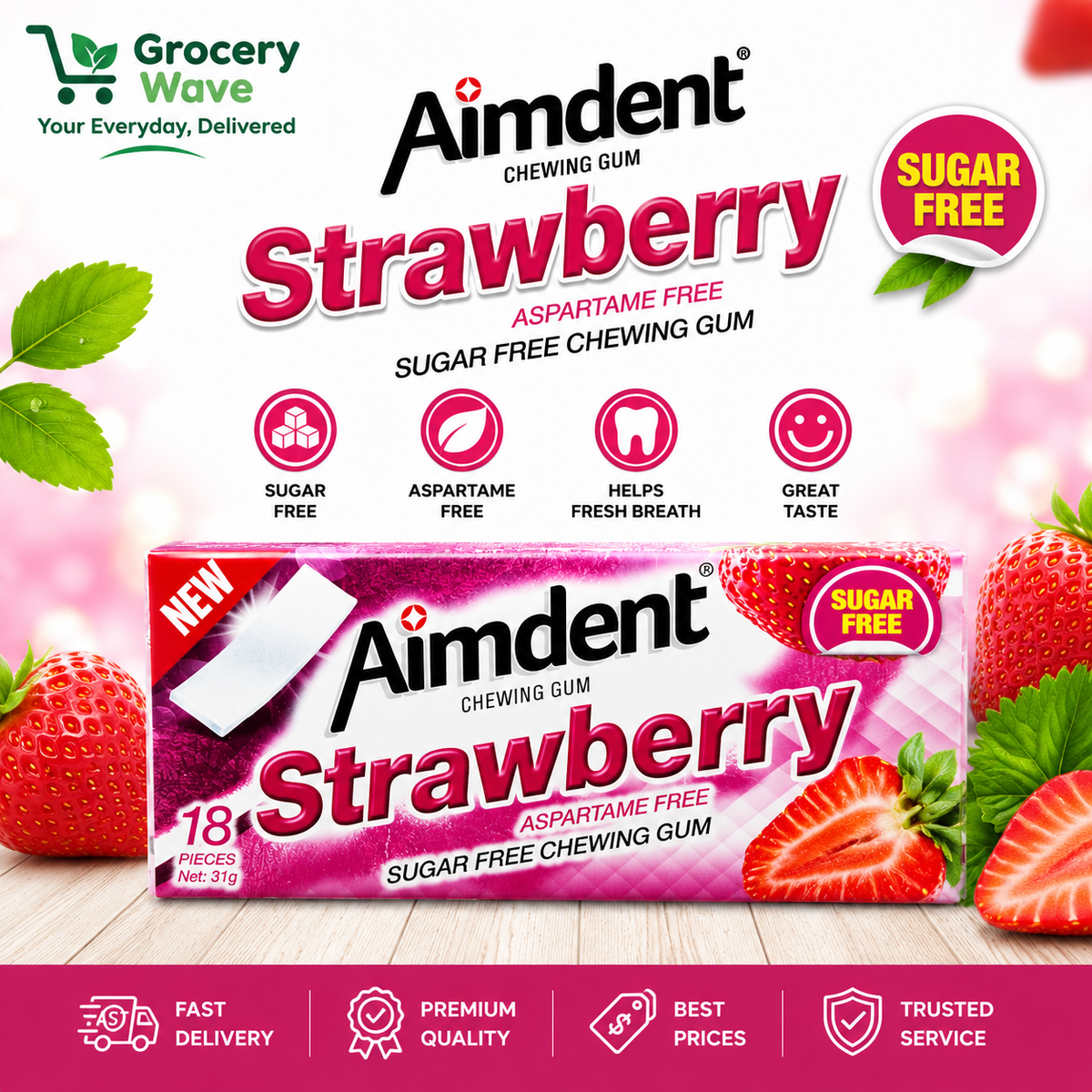 Aimdent Strawberry Chewing Gum Aspartame Free 31g