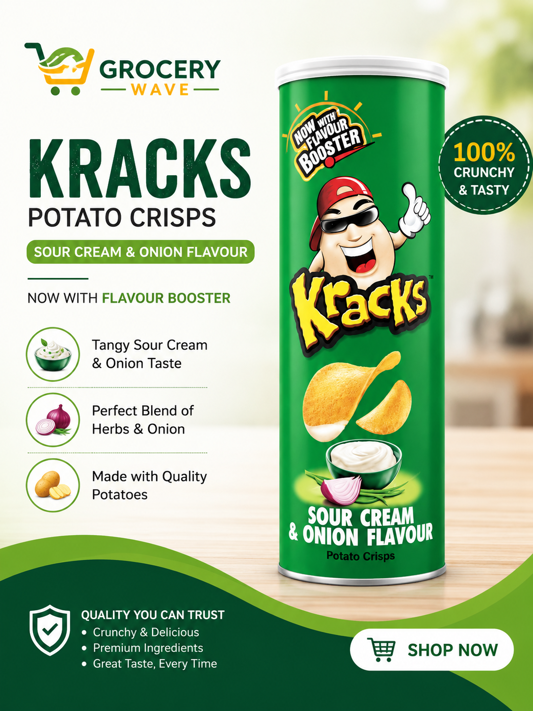 KRACKS SOUR CREAM & ONION FLAVOUR POTATO CRISPS