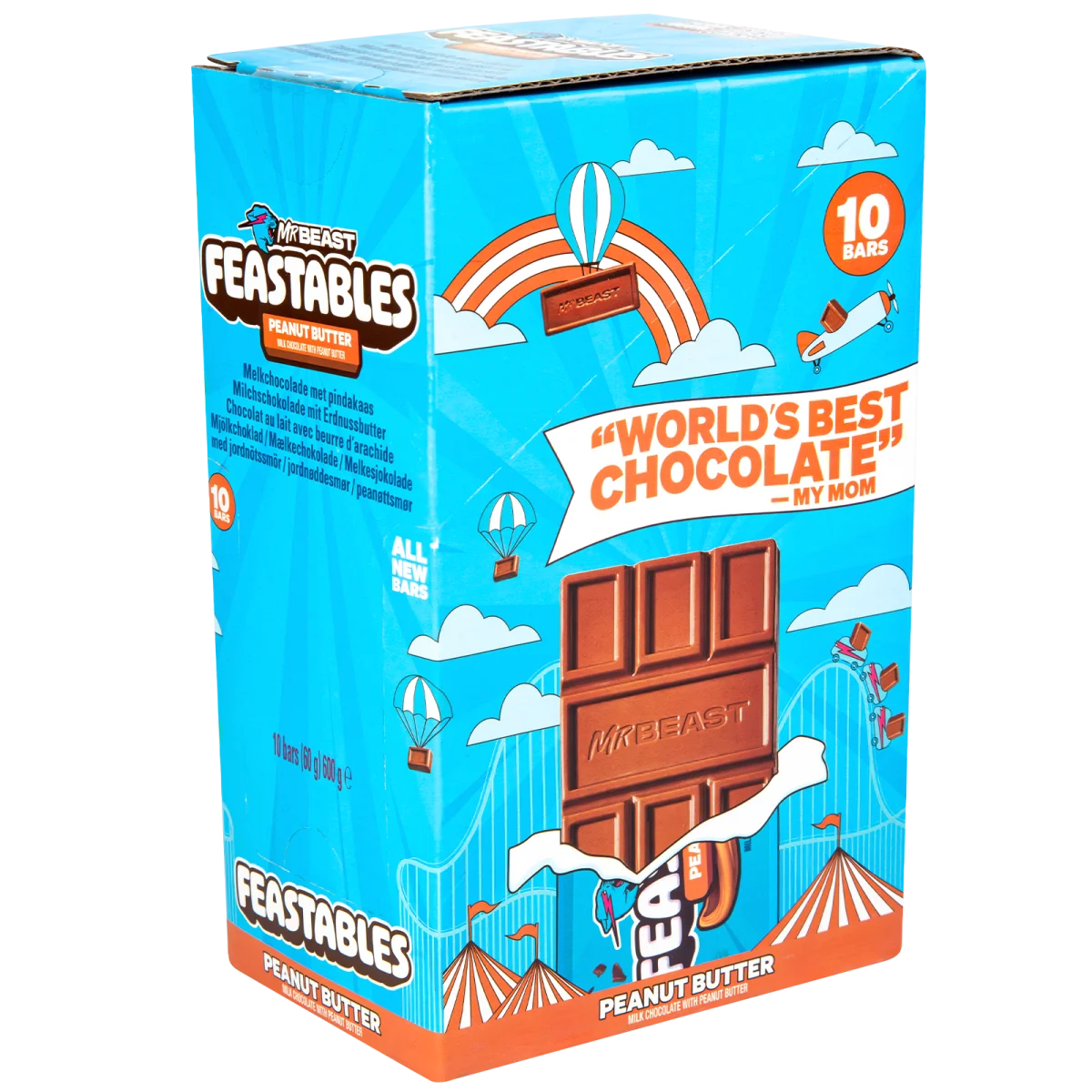 Feastables MrBeast Peanut Butter Bar Schokoladen-Tafel 10x 60g Pack of of 10 Bars 10 Slabs Box