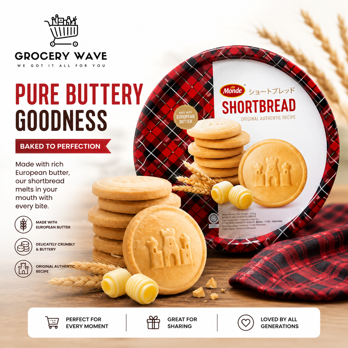 Monde Original Shortbread Cookies Tin – Made with European Butter (335g)