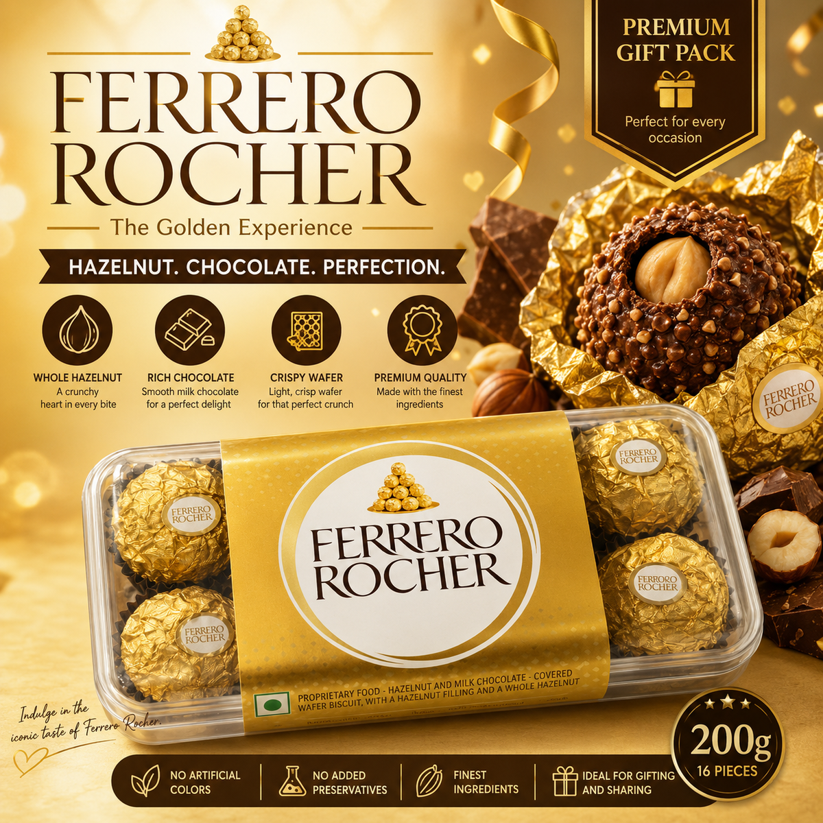 Ferrero Rocher Premium Hazelnut Milk Chocolates Gift Pack – 16 Pieces (200g)