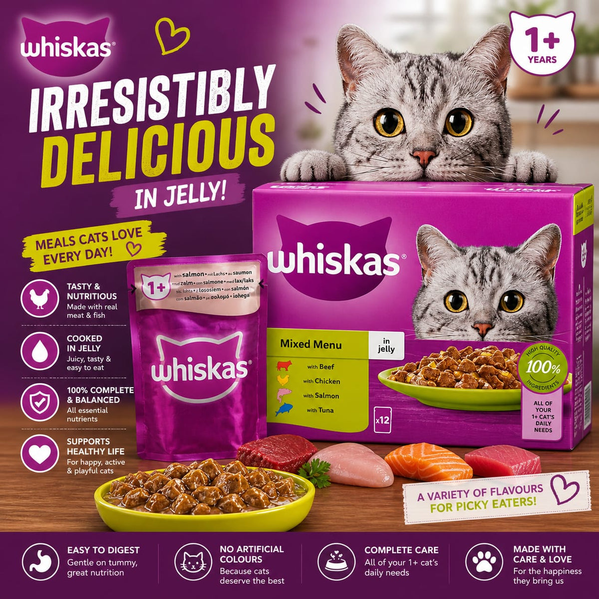 Whiskas 1+ Mixed Menu Adult Wet Cat Food Pouches in Jelly 12 x 85g