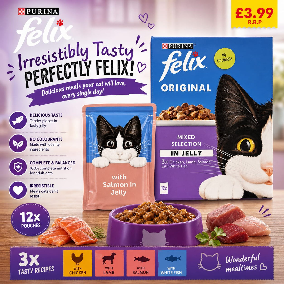 FELIX CHUNKS IN JELLY MIXED VARIETY SELECTION PMP £3.99 12X85G